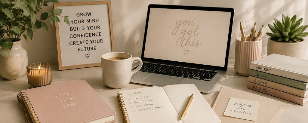 Organized workspace with a laptop, planner, coffee, notebooks, and motivational decor representing career growth and financial planning.