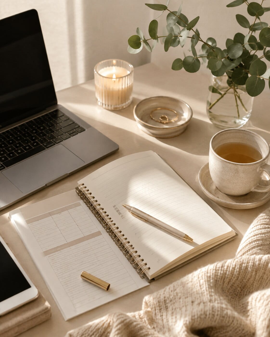 Sunlit workspace with a laptop, planner, budget worksheet, tea, candle, and greenery representing career planning and financial wellness.