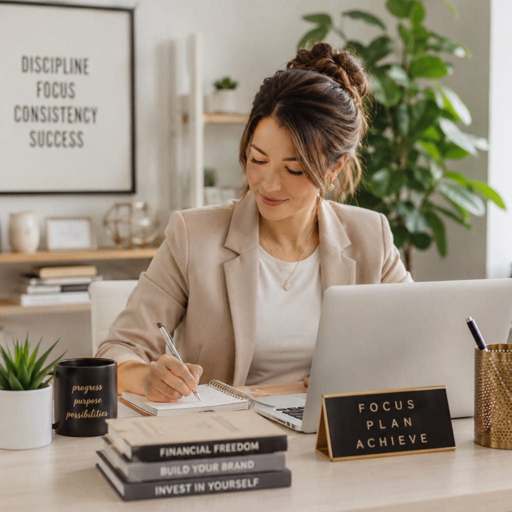 Professional woman working at a home office desk with a laptop, notebook, and motivational career and financial planning materials.