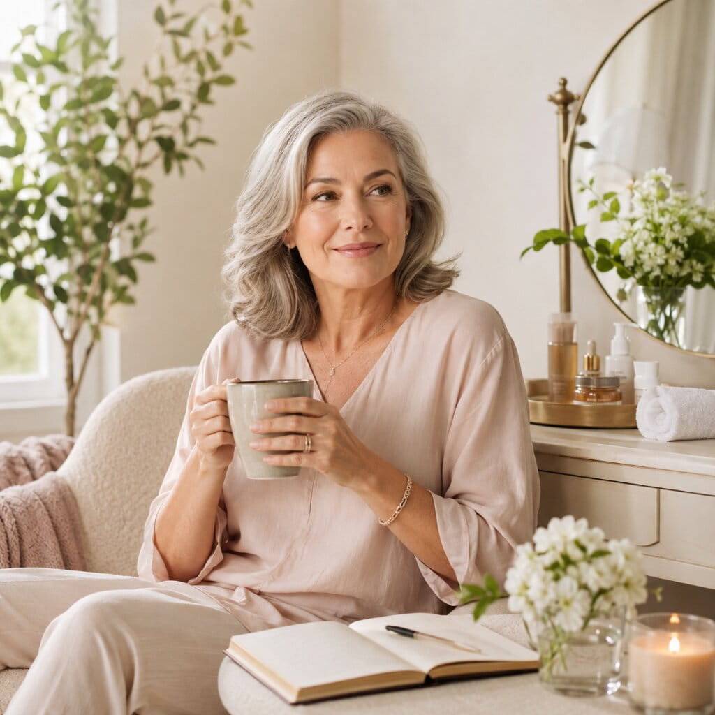 Mature woman enjoying a peaceful self-care routine with tea, journaling, skincare, and natural light at home.