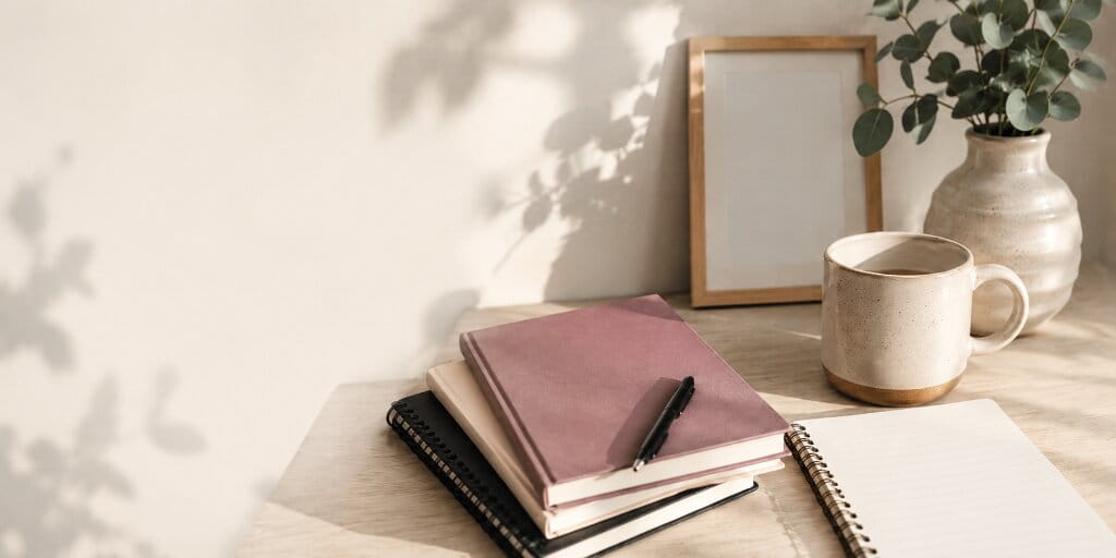 Sunlit desk with stacked journals, an open notebook, a pen, a ceramic mug, and greenery in a calm personal growth setting.