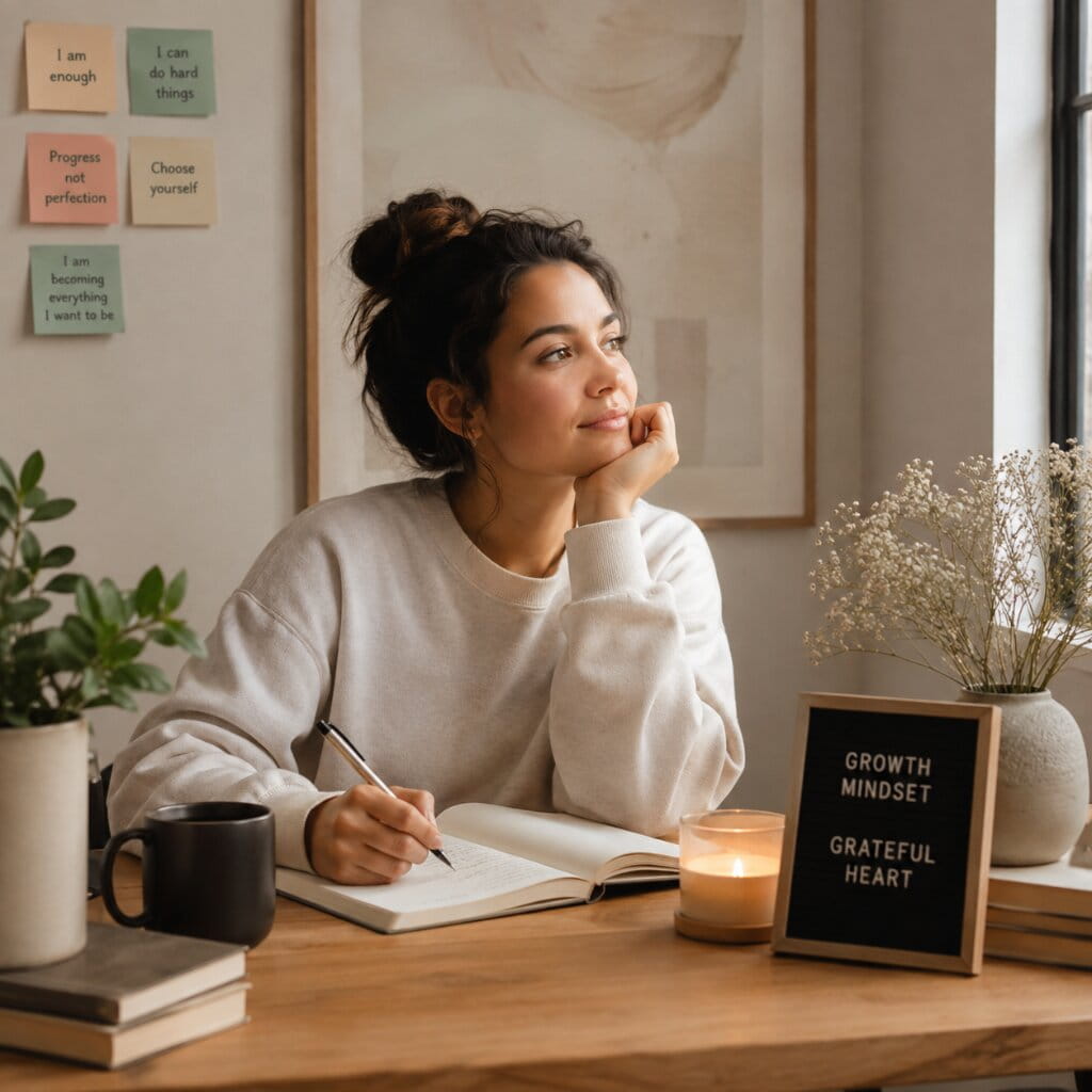 Woman journaling in a calm home setting with plants, books, and positive affirmations focused on personal growth and mindset.