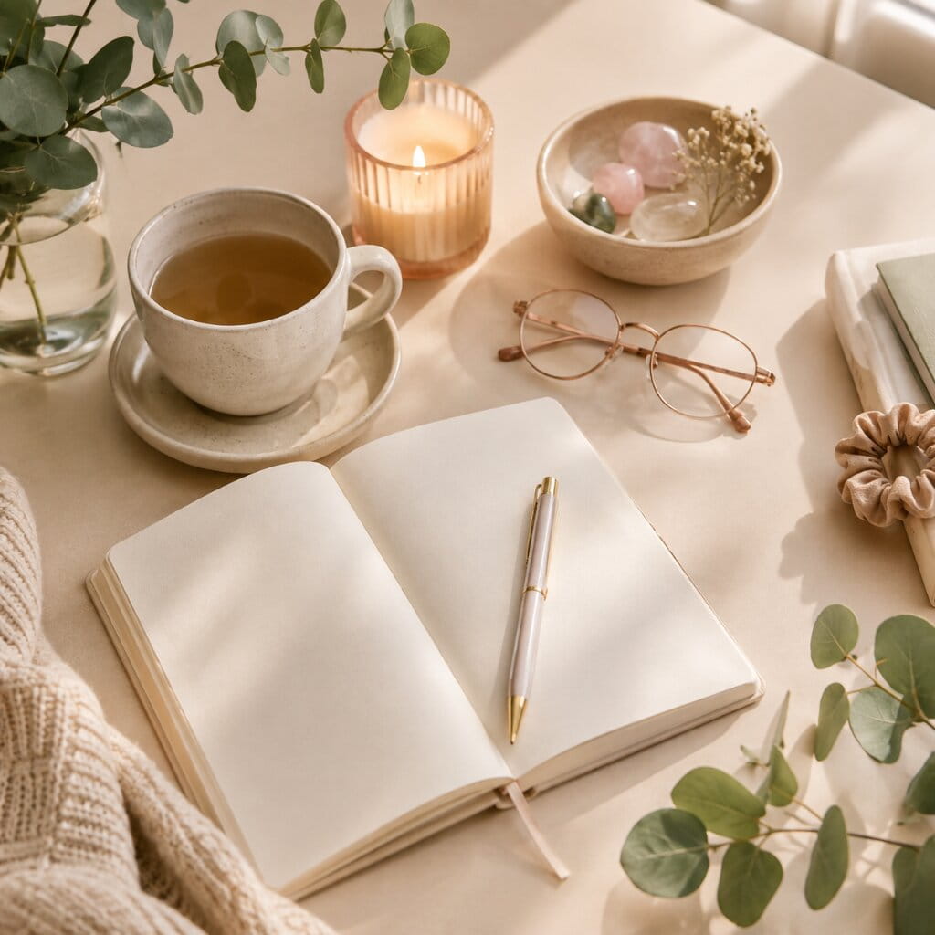Open journal with a pen, tea, candle, glasses, and greenery arranged in a calm personal growth setting.
