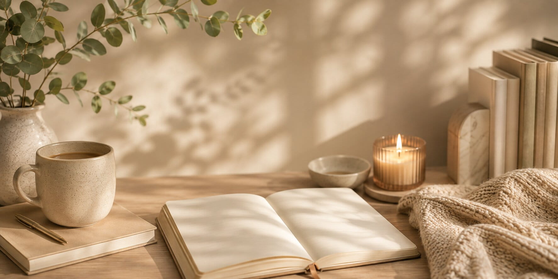 Warm sunlit table with an open journal, ceramic mug, candle, books, knit blanket, and eucalyptus in a calm home setting.