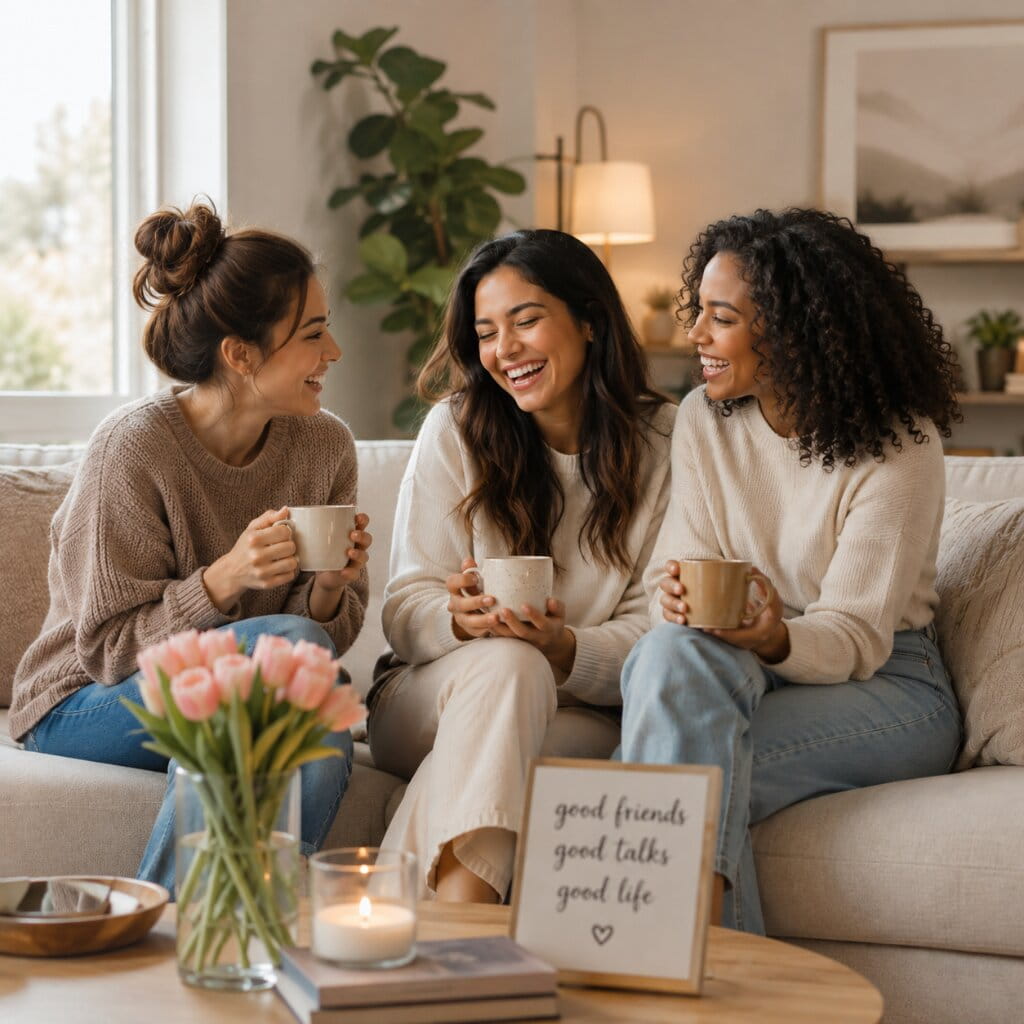 Three women laughing and talking together over warm drinks in a cozy living room, representing friendship, connection, and relationships.