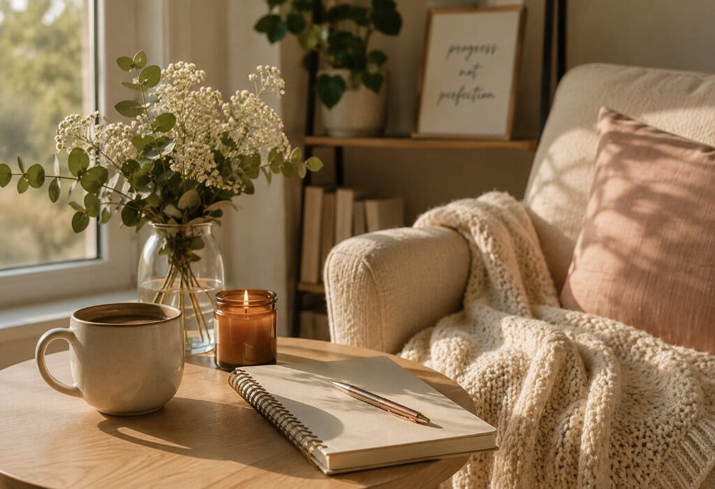 Cozy sunlit reading nook with a journal, coffee mug, candle, flowers, and knit blanket in a calm home setting.
