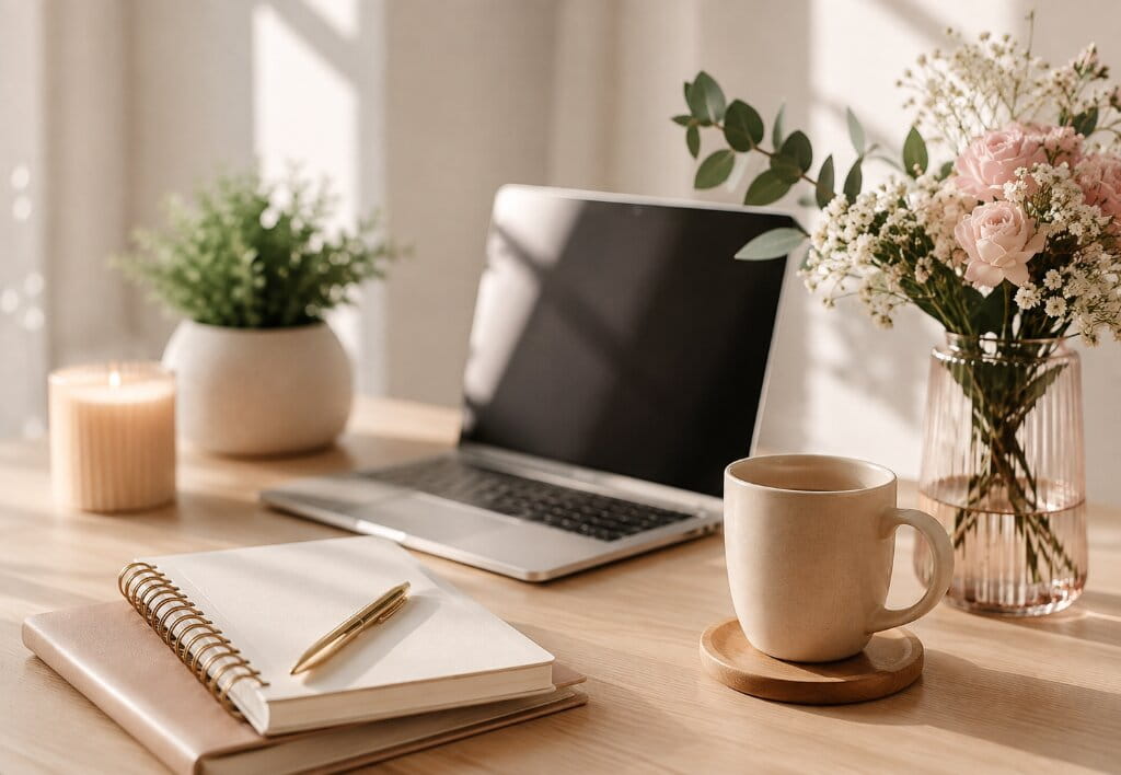 Bright minimalist workspace with a laptop, notebook, coffee mug, flowers, and candle in a calm home office setting.
