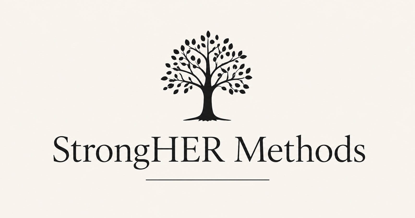 StrongHER Methods logo featuring a stylized black tree above the brand name on a soft cream background.