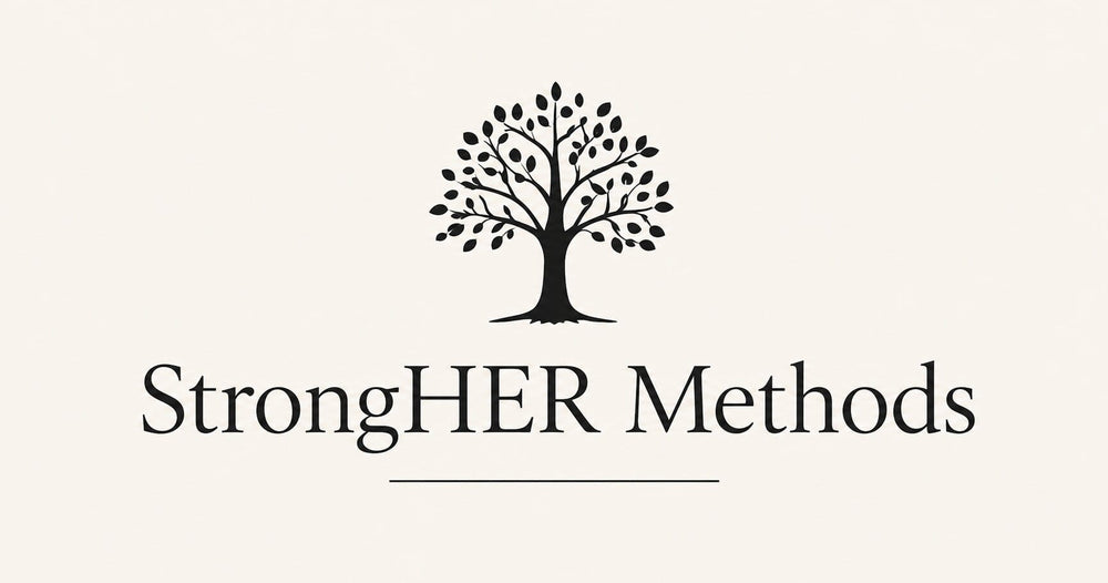 StrongHER Methods logo featuring a stylized black tree above the brand name on a soft cream background.