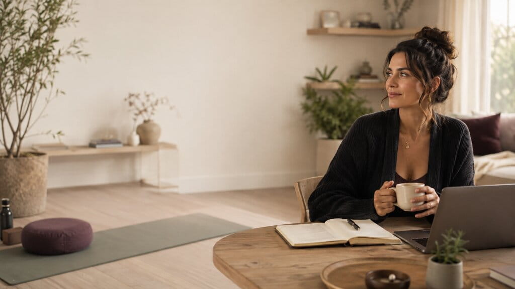 Woman relaxing with tea beside a laptop and journal in a calm home setting with a yoga mat and wellness space.