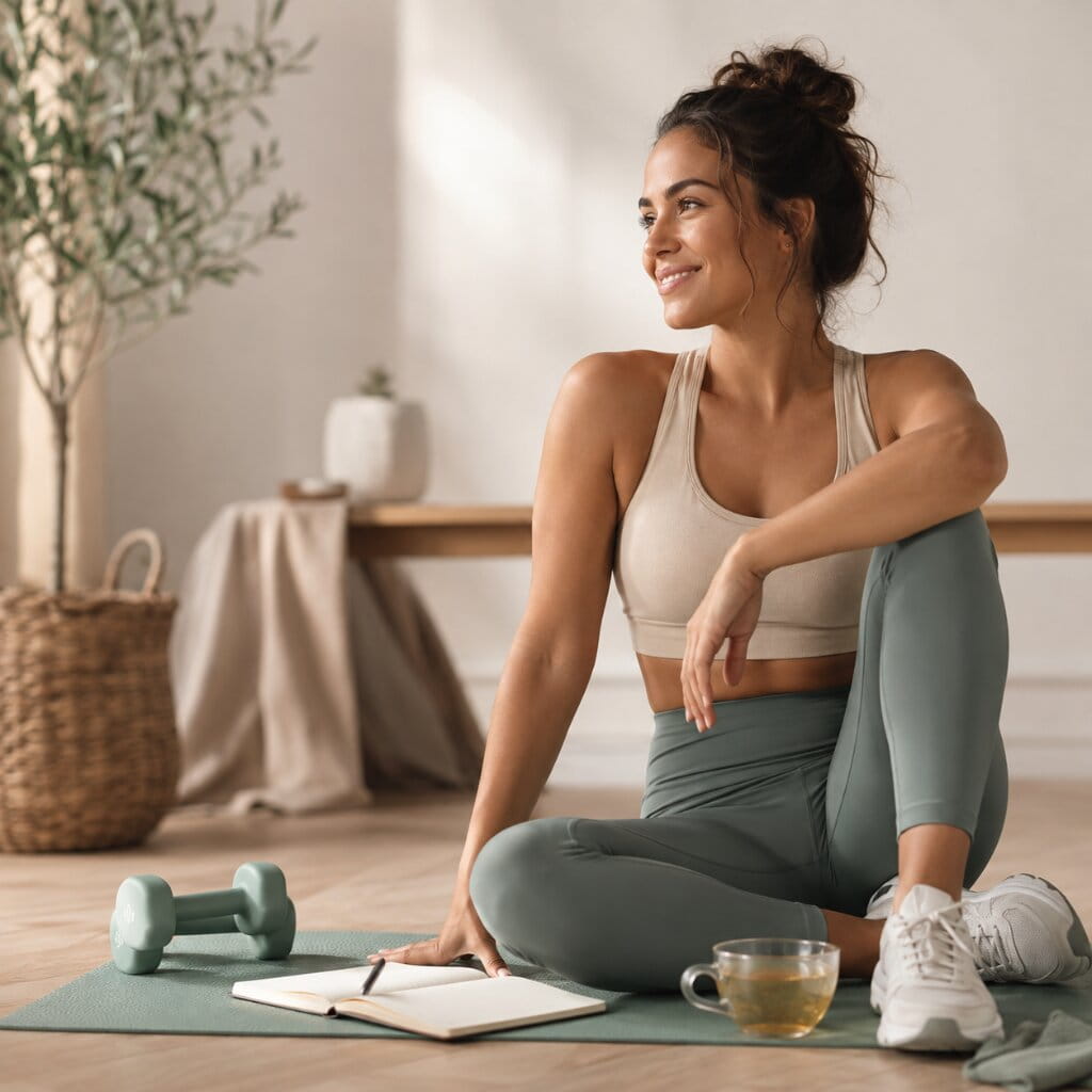 Woman in activewear relaxing after exercise with dumbbells, a journal, and tea in a calm home wellness setting.