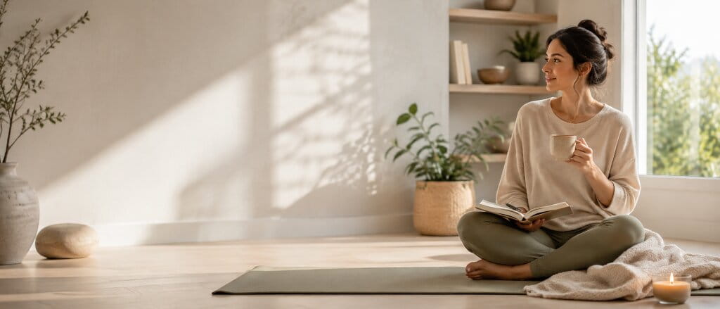 Woman relaxing with tea and a journal beside a yoga mat in a bright, peaceful home wellness space.