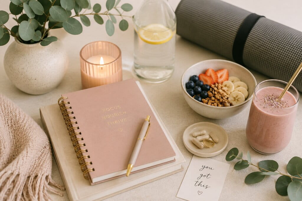 Wellness flat lay with a journal, healthy fruit bowl, smoothie, lemon water, yoga mat, candle, and greenery in a calm neutral setting.