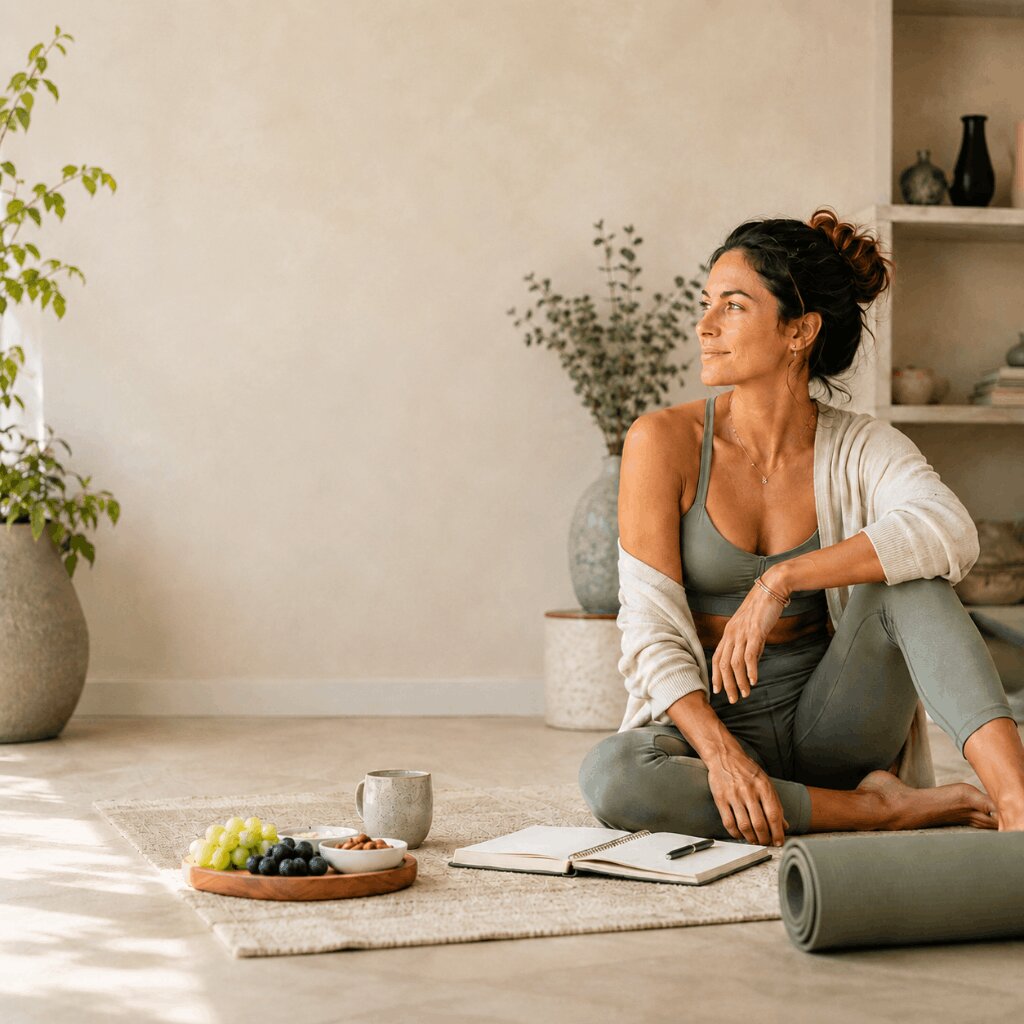 Woman in activewear relaxing at home beside a yoga mat, healthy snacks, tea, and a journal.